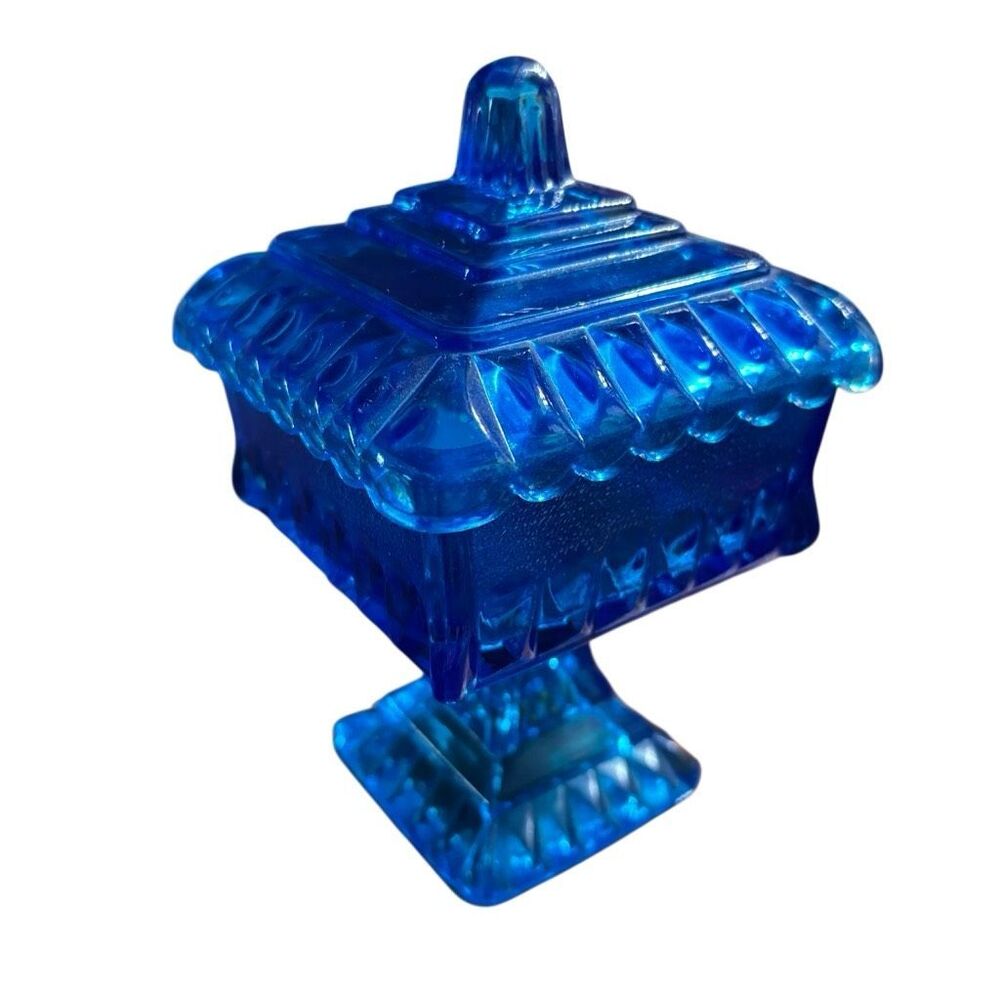 Jeanette Glass Blue Pedestal Square Candy Dish With Lid